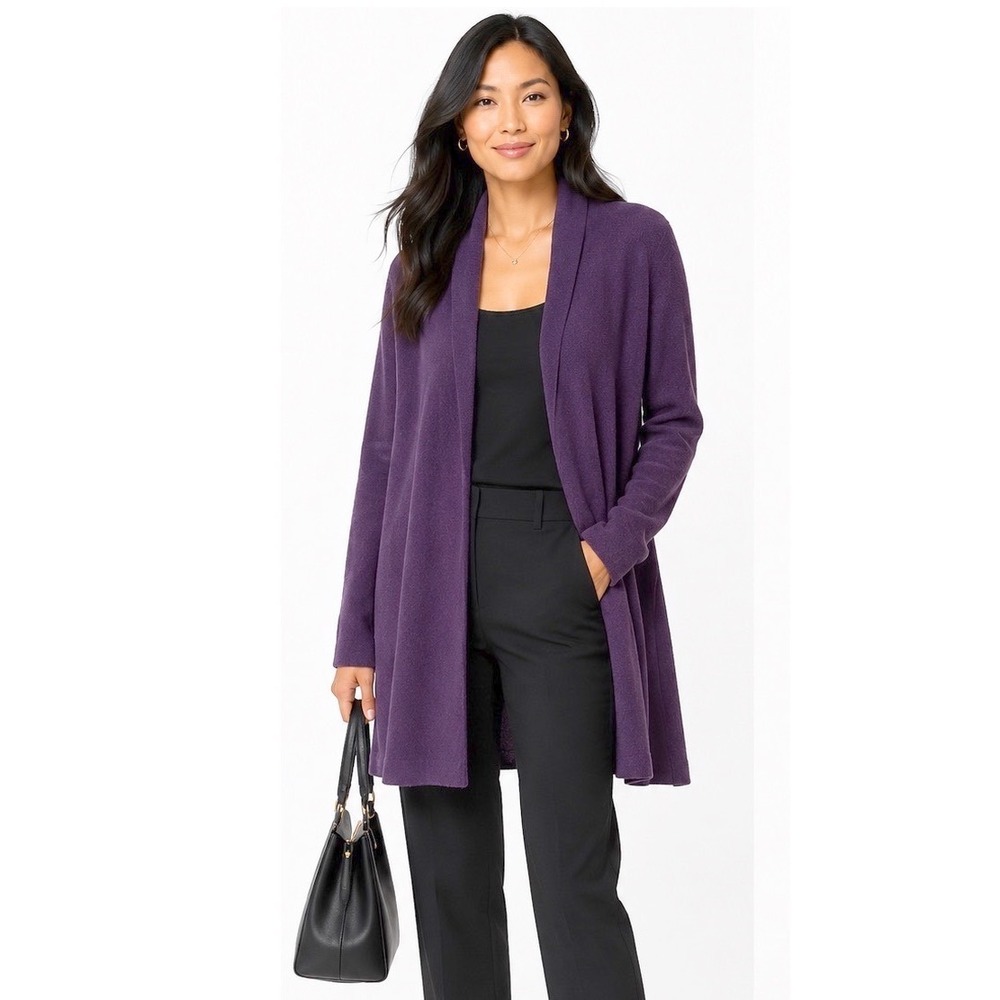 Kenar 100% 2-Ply Cashmere Purple Longline Open Front Cardigan Sweater Womens S